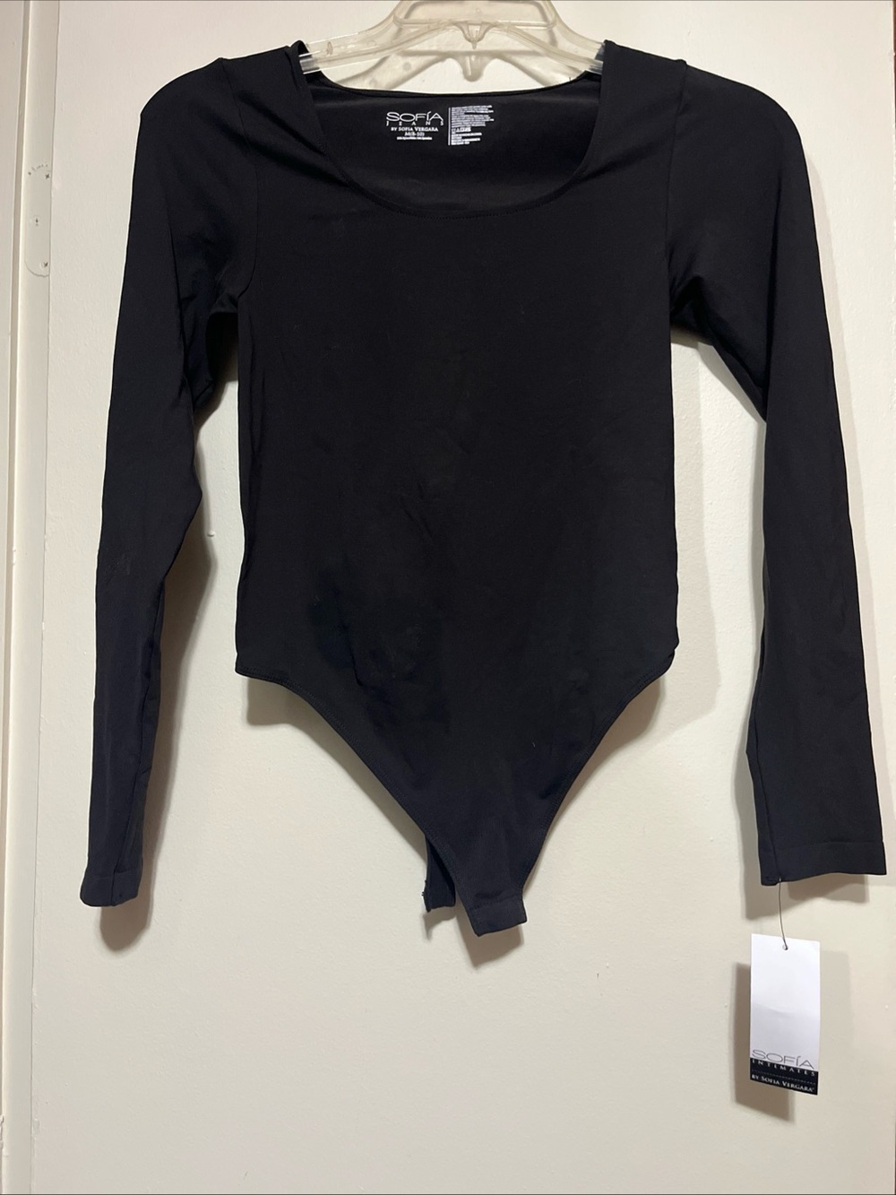 sofia by sofia vergara Black Long-Sleeve Scoop Neck Thong Bodysuit